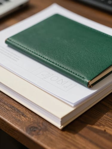 Close-up of professional documents and high-end stationery resting on a dark wood desk, bright natural daylight, sharp focus, 35mm