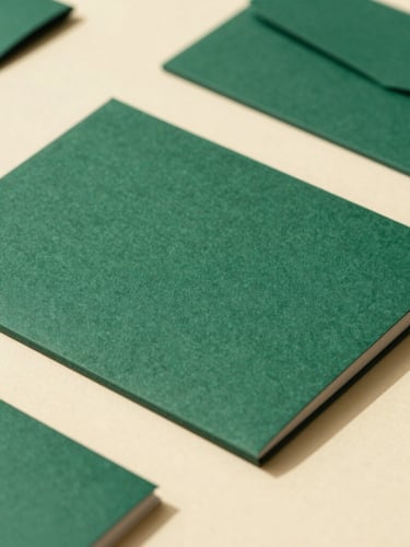 Macro detail of high-end corporate stationery and structured documents on a warm cream desk, bright daylight, deep green accents