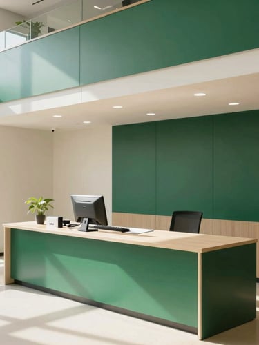 A clean, modern corporate workspace with structured architectural lines, bright natural daylight, deep green accents, 35mm photography