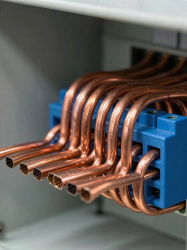 Macro shot of organized copper busbars and blue terminal blocks inside a pristine IP-rated electrical panel, technical workshop lighting, sharp focus