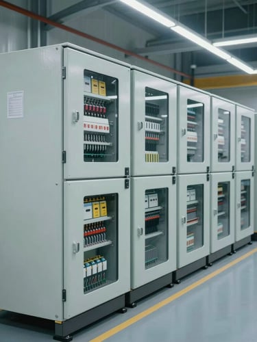 Wide-angle shot of completed electrical panels lined up in a clean, modern factory workshop, cool technical lighting.