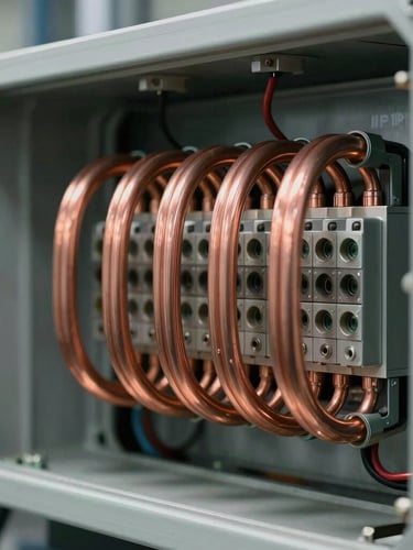 Close-up of pristine copper busbars and organized technical wire routing inside a heavy-duty IP-rated electrical enclosure, cool technical workshop lighting, sharp focus on terminal blocks.