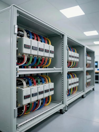 Wide-angle shot of a clean, modern electrical engineering workshop, high-contrast technical lighting, sharp focus on organized wire routing inside an IP-rated enclosure.