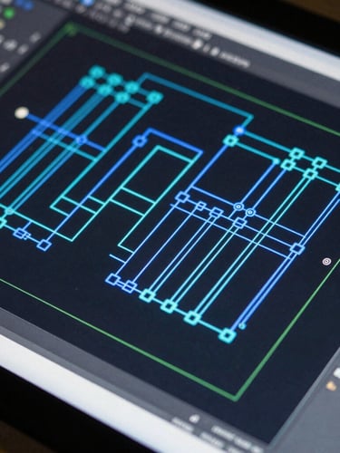 High-resolution CAD screen showing a detailed single-line electrical diagram with blue and cyan vector lines, clean technical interface