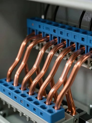 Macro shot of organized copper busbars and blue terminal blocks inside an IP55 electrical panel, sharp technical focus, dramatic workshop lighting
