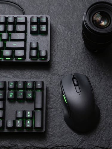 Overhead flat-lay of an organized dark slate desk setup, mechanical keyboard, sleek wireless mouse, cool green LED accent lighting, sharp focus, 50mm lens
