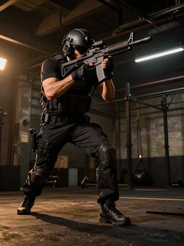 Low-angle dynamic action shot of a tactical defense strike in a dark industrial gym, sharp directional amber lighting, deep shadows.