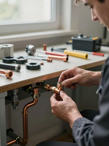 Wide shot of a technician's hands connecting copper pipe fittings during a boiler installation, tools and components laid out on a workbench in the background, natural daylight from a nearby window, industrial setting