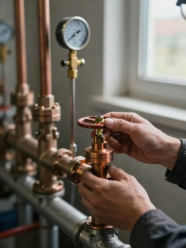 Close-up of a technician's hands adjusting a copper valve on a heating manifold, natural daylight from a nearby window, pipe fittings and pressure gauges visible in the background, industrial work environment
