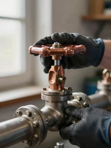 Tight close-up from the side — gloved hands gripping a copper valve on a steel pipe, natural workshop daylight from the left, metal fittings sharp in the foreground, shallow depth of field, no face visible