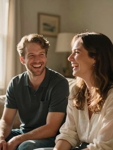 Candid medium shot of Dr. Michael and Kimberly Eaton laughing together in a warm, light-filled living room, soft sunlight, rich natural tones, shallow depth of field.