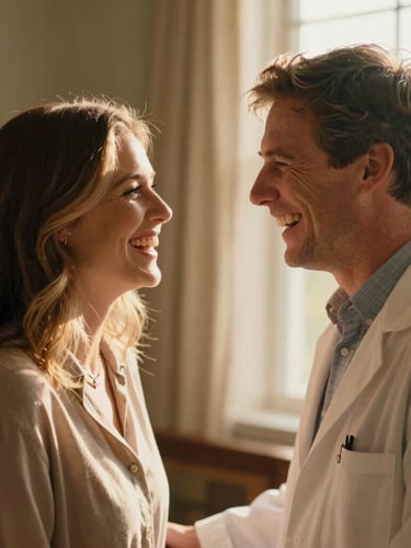 Medium close-up of Dr. Michael Eaton and his wife Kimberly sharing a genuine, candid laugh in a warm, sun-drenched room, soft window light, shallow depth of field.