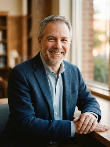 Medium close-up of Dr. Michael Eaton smiling warmly, dressed in a soft navy blazer, golden-hour natural light streaming from a window, shallow depth of field, 35mm film feel.