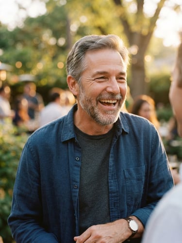 A warm portrait of Dr. Michael Eaton laughing candidly, soft golden-hour natural light, shallow depth of field, 35mm film feel
