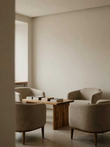 Interior de um consultório de psicologia minimalista e editorial, com poltronas confortáveis, mesa de centro com livros, luz natural suave, tons neutros e elementos de madeira. Vista de um canto tranquilo e acolhedor.