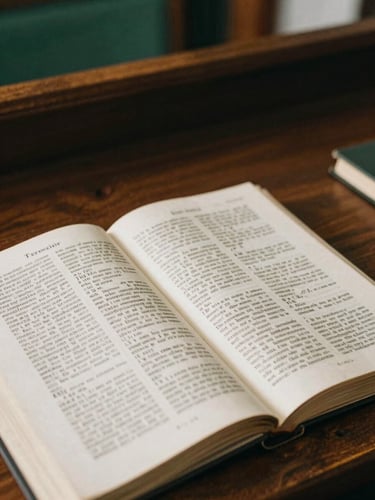 Close-up of an open historical theological text on a dark wooden academic desk, soft light revealing hand-written notes, warm scholarly atmosphere, 35mm film style.