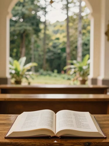 A quiet environmental portrait of an open theological text resting on a warm wooden altar inside the Malaybalay chapel, soft golden daylight filtering through trees outside.