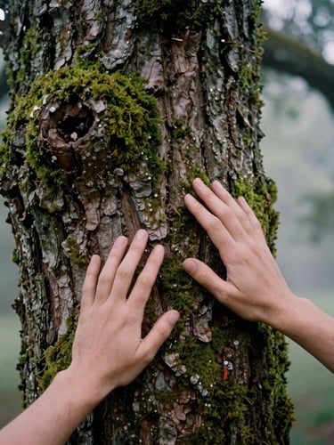 A close-up of hands gently touching the rough mossy bark of an ancient oak tree, soft misty forest background, natural light, 35mm film