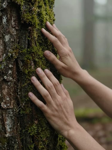 Intimate close-up of hands touching mossy tree bark, soft morning light, cinematic 35mm film, earthy forest tones