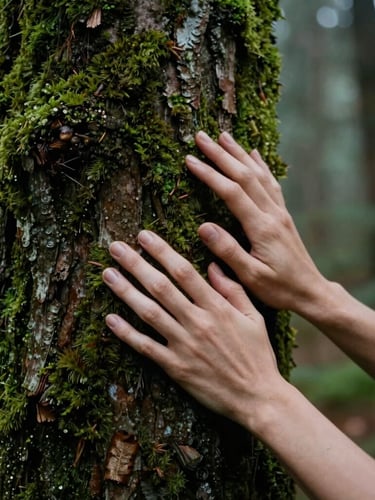 Intimate close-up of hands gently touching textured mossy tree bark, soft overcast forest lighting, deep green and raw brown tones, 35mm film aspect