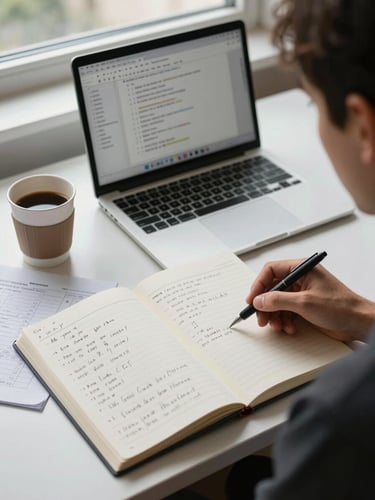 Overhead daylit view of a first-year founder's desk: a notebook open with handwritten process steps, a laptop showing multiple browser tabs, printed checklists annotated in pen, a half-drunk coffee cup to the left — natural even window light, no shadows, subject fills the right two-thirds of the frame
