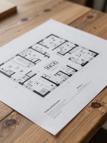 Un plan d'architecte détaillé posé sur une table en bois brut, lumière neutre du jour, vue du dessus rapprochée mettant en valeur les textures du papier et du bois.