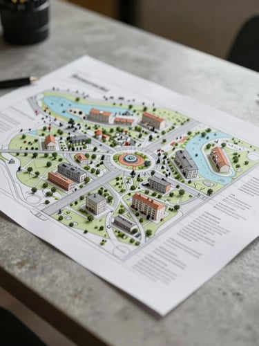 Vue rapprochée d'un plan d'urbanisme posé sur une table de travail en béton brut, lumière naturelle neutre de jour nuageux, cadrage précis.