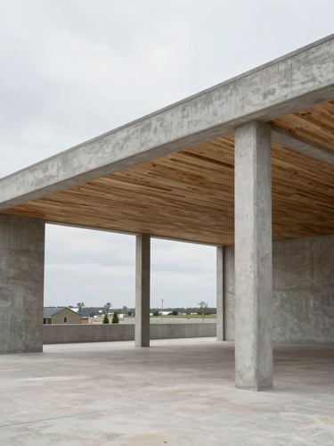 Wide-angle structural photograph of a completed public pavilion made of raw concrete and local timber, overcast daylight, sharp architectural lines, neutral tones