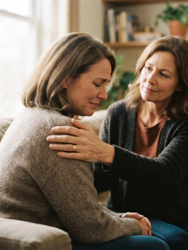 Warm editorial photography, soft natural daylight, a therapist's hand gently resting on a family member's shoulder, conveying deep support and professional care, shallow depth of field, 35mm film style.