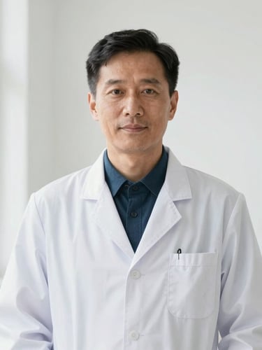 Medium portrait of a confident founding physician in a crisp white coat making direct reassuring eye contact, bright diffused daylight, clean clinical aesthetic, 50mm.