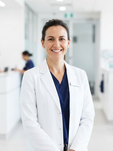 Medium portrait of a confident medical professional in a crisp white coat, bright diffused daylight, spotless modern clinic interior, high-key studio lighting, 50mm.