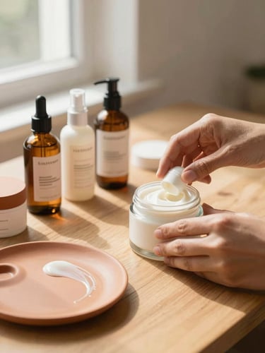 Close-up of hands arranging organic beauty products, creams, and cosmetic bottles on a warm wooden table, soft afternoon sunlight, terracotta palette.