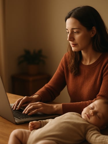 Warm editorial photography of a mother working on a laptop at a wooden table with a sleeping baby nearby, soft window light, terracotta and olive tones, shallow depth of field.