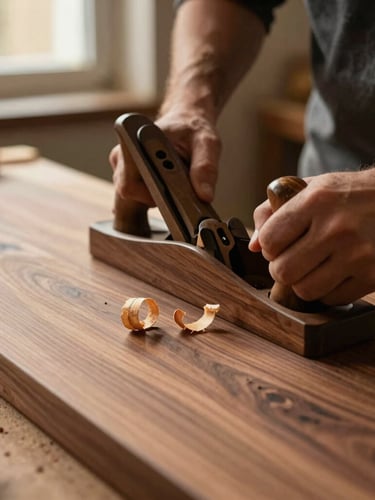 A close-up of a craftsman's hands using a traditional hand-plane on a rich walnut board, wood shavings curling off the surface, warm workshop light, 35mm