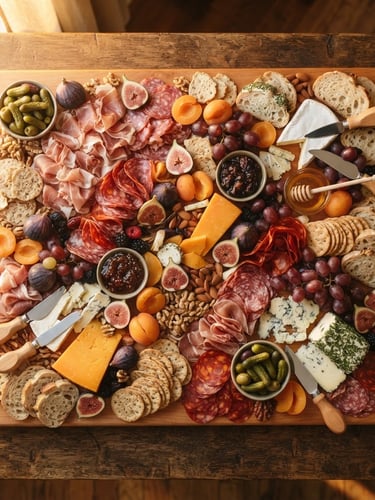 Overhead flat-lay of a large hand-planed cherry wood charcuterie board laden with colorful cheeses, figs, and cured meats, warm golden-hour window light, rich saturated wood tones, shallow depth of field, 35mm