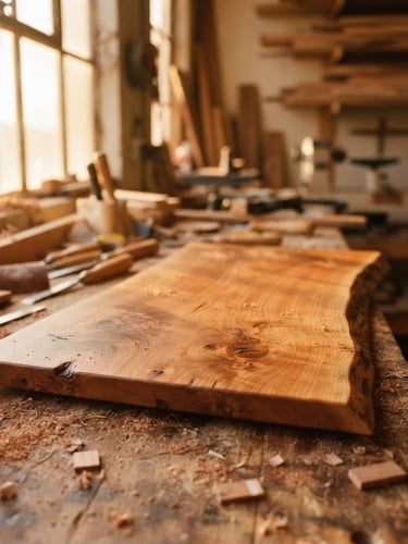 Close-up of golden-hour window light illuminating a beautiful cherry wood charcuterie board, rich grain textures, workshop sawdust in background, warm editorial photography, 35mm