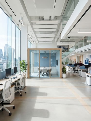 Bright architectural photography of a spotless modern office interior, clean natural daylight, crisp white and soft blue tones, sharp focus, 35mm lens