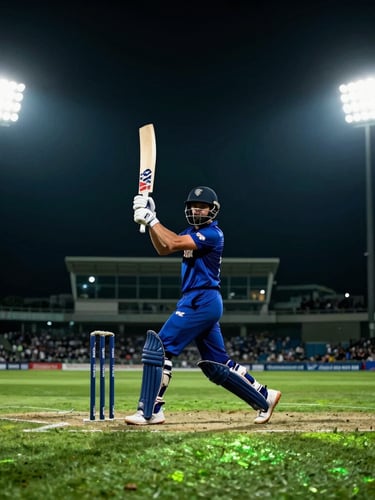 Low-angle dynamic shot of a cricket batsman mid-swing under intense stadium floodlights, deep charcoal atmosphere with glowing green turf reflections, sharp focus, 35mm.