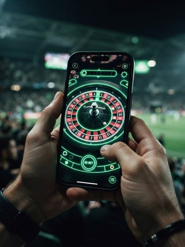 Close-up of a high-end smartphone displaying a live roulette wheel with neon green digital overlays, moody stadium floodlighting, sharp focus, 35mm