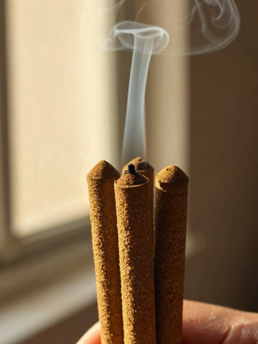 Close-up macro of hand-rolled incense cones showing natural texture, a single wisp of sacred smoke rising in a warm golden-hour window shaft, 35mm