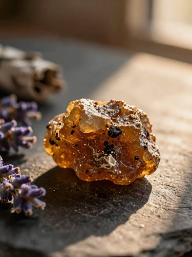 Close-up macro of raw copal resin, lavender buds, and dried white sage on a dark stone surface, warm shaft of light, mystical editorial photography, 35mm