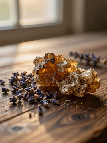 mystical editorial photography, warm golden-hour window light, earthy organic tones, close-up macro of raw copal resin and dried lavender buds on an old wooden table, shallow depth of field, 35mm
