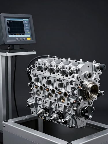 A high-contrast industrial studio shot of a clean engine block hooked up to a digital dynamometer testing rig with cool metallic highlights