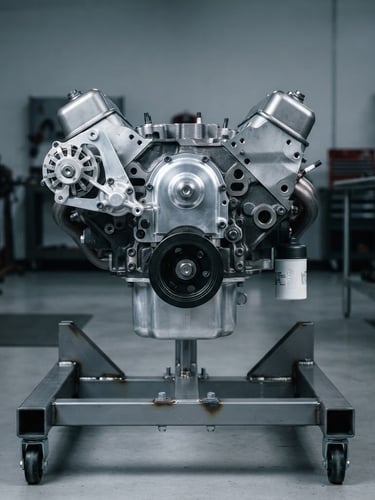 Straight-on technical product shot of a pristine, rebuilt V8 engine block on a heavy-duty steel stand, high-contrast industrial studio lighting, metallic highlights, cool-toned workshop background