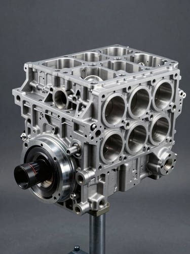 Straight-on technical product shot of a clean, rebuilt engine block on an engine stand in a cool-toned workshop, crisp metallic highlights, sharp focus