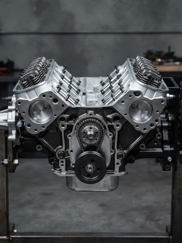 Straight-on technical product shot of a pristine, rebuilt V8 engine block on an industrial stand, cool metallic studio lighting, high-contrast silver and dark grey tones, sharp focus.