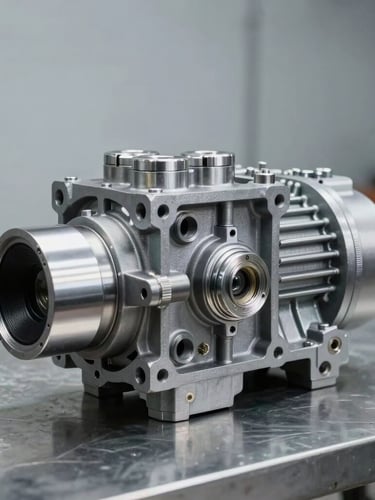 Crisp industrial product photography of a clean manual gearbox assembly on a metal workshop table, cool metallic studio lighting, high-contrast silver and dark grey tones, sharp focus, 50mm lens