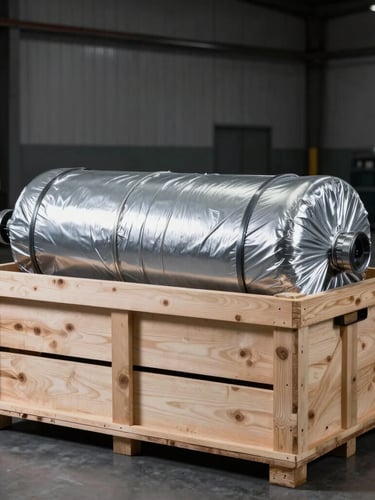 A clean, shrink-wrapped transmission secured inside a heavy-duty wooden shipping crate on a warehouse dock, industrial warehouse background, cool metallic lighting, sharp focus