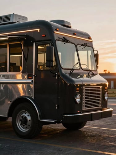 Cinematic photography of a finished vintage food truck parked at sunset, warm golden hour light reflecting on polished steel, clean lines, professional finish, 35mm