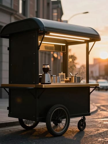 Cinematic photography of a vintage-style coffee cart on a city street at sunset, warm golden glow, deep matte black finishes, detailed metalwork, 35mm